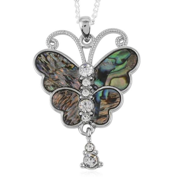 Abalone Shell and Austrian Crystal Butterfly Pendant Necklace 18 Inches - Picture 1 of 5